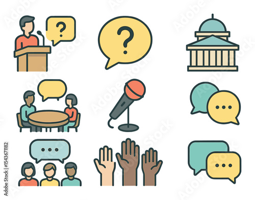 Discussion and debate linear icons set – flat, conversation and communication symbols