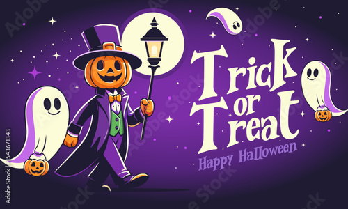Happy Halloween party greeting card. Horror party characters. Spooky celebration Promotion Poster or banner template. Halloween night seen. Jack O Lantern, cute ghost holding pumpkin. Trick or Treat