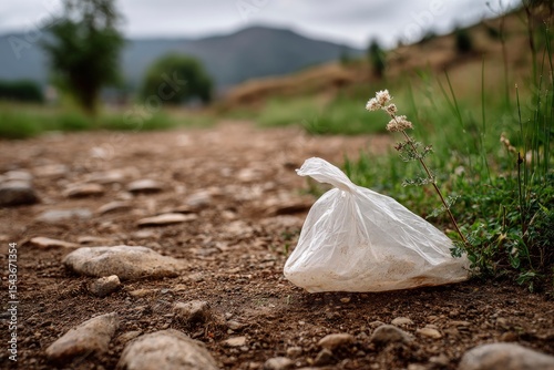 Plastic bag lies on rocky dirt path amid green grass and blurred hills contrasting nature with waste