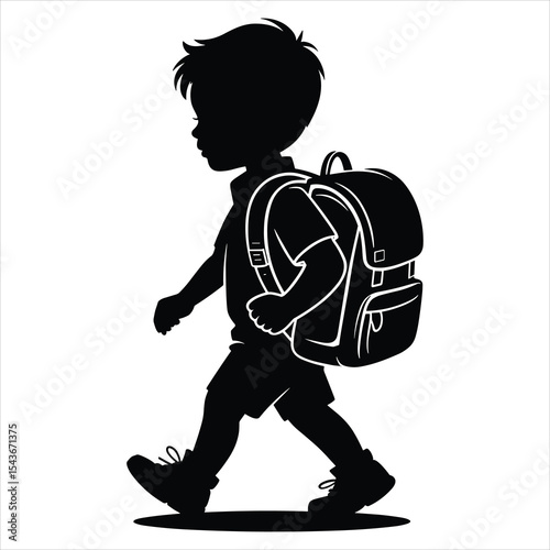 a young boy walking to school in side profile ,the child is wearing a large school backpack