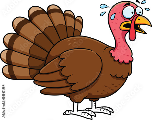 Funny cartoon turkey scared, thanksgiving panic, comical bird illustration, shocked poultry character, sweat drops, animal fear expression, humorous farm bird, animated style drawing