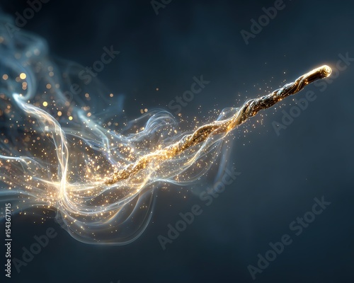 Magic wand with glowing sparkles and smoke.