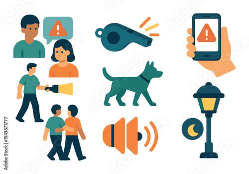 Neighborhood safety icons set – flat, alert and security design elements