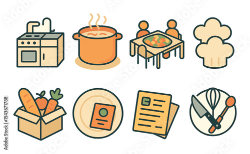 Cooking and community icons set – outline, culinary and kitchen symbols for gatherings