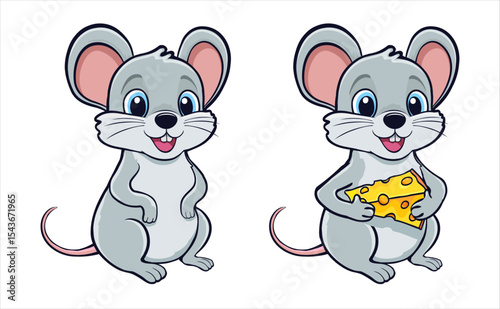 set of mice with large ears and big eyes, gray fur, smiling, one holding a piece of yellow cheese with holes .
