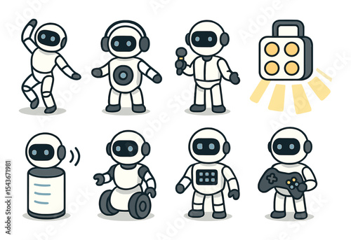 Modern entertainment robots icons set – outline, futuristic ai and tech symbols