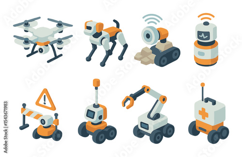 Rescue robot icons set – simple, futuristic and emergency response symbols
