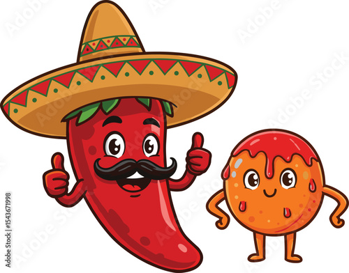 Funny chili pepper and hot sauce ball cartoon characters, Mexican food mascot illustration, spicy characters vector, cute comic food clipart, cartoon fiesta design