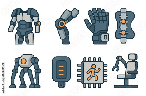 Wearable robotics icons set – line, tech and exoskeleton symbols for innovation
