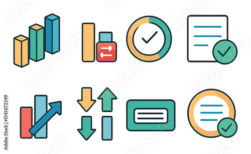 Data analysis icons set – outline, statistics and analytics symbols for reports