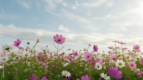 Vibrant Field Of Pink And White Cosmos Flowers Blooming Under A Bright Sunny Sky
