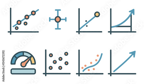 Regression analysis icons set – isometric, data visualization and analytics symbols