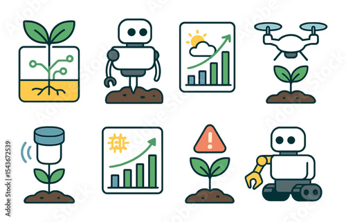 Smart farm technology icons set – linear style, agriculture and robotics symbols