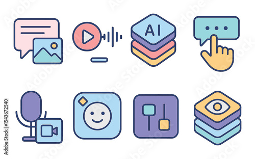 Ai technology linear icons set – modern, digital, tech interface symbols