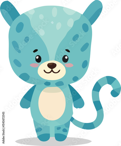 Cartoonish blue spotted animal with a striped tail and rosy cheeks.