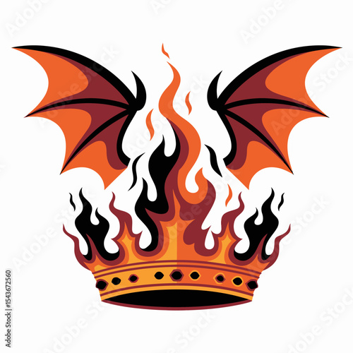 Fiery Dragon Wings Crown Majestic Fantasy Emblem Powerful Royal Design Infernal Gothic Style Burning Flames Intense Heat Legendary Mythological Creature Fierce Wingspan Regal Symbolism Ancient        
