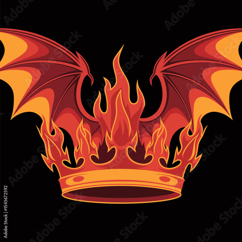 Fiery Dragon Crown Majestic Wings Fantasy Art Red Orange Flames Powerful King Regal Symbol Graphic Design Illustration Digital Artwork Fantasy Background Fiery Wings Powerful Symbolism Mythological   