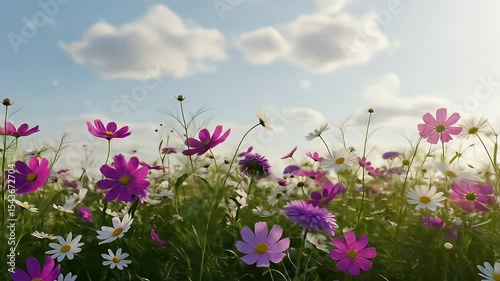 Vibrant Field Of Pink And White Flowers Blooming Under Blue Sky With Sunlight