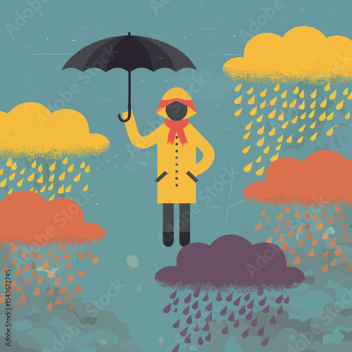 Person in Yellow Raincoat Holds Umbrella Under Colorful Rain Clouds Abstract Modern Digital Art Illustration Graphic Design Image Background Texture Vector sad sky mood safe calm style happy storm    