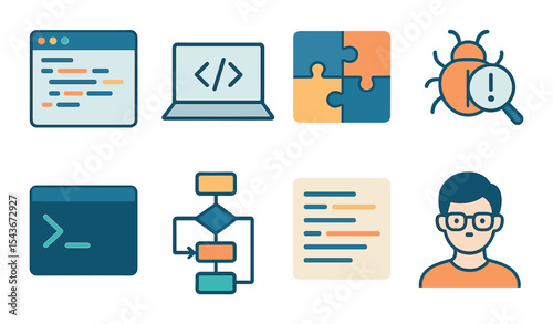 Programming and development icons set – line, coding and software design graphics