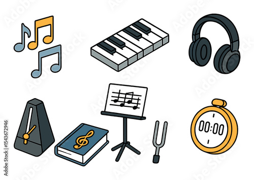 Music learning essentials icons set – outline, education and instrument symbols
