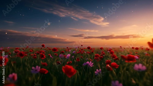 Vibrant Field Of Poppies In Sunset With Blue Sky And Golden Light Romantic Atmosphere