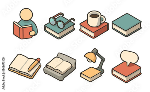 Book lover's icons set - flat, reading and literature themed symbols for bibliophiles