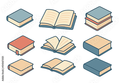 Book icons set – isometric, library and reading themed 3d graphics