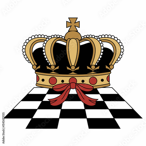 Royal Gold Crown on Chessboard Elegant Design Regal Symbol Monarchy Power Authority Game Strategy Leadership Success Achievement Victory Competition Black Gold Red White Illustration Graphic Design   