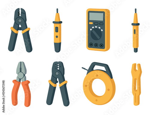 Electrician tools icons set – flat, electrical instrument and equipment graphics