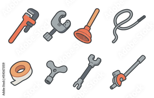 Plumbing tools icons set – flat, household and maintenance equipment symbols