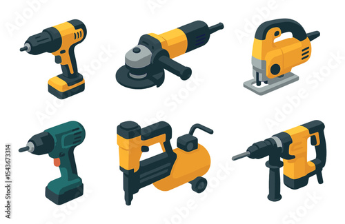 Power tools icons set – 3d style, equipment and construction symbols