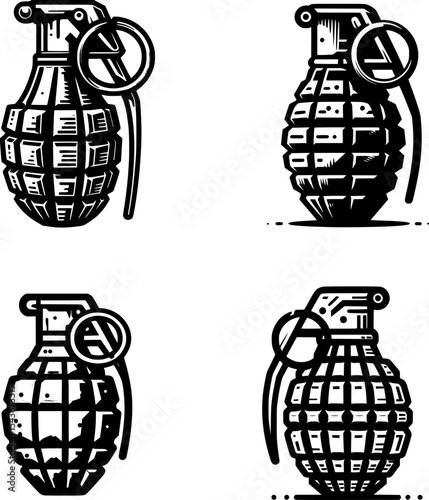 set of black and white line art grenade icon, representing explosive war power in modern conflict.
