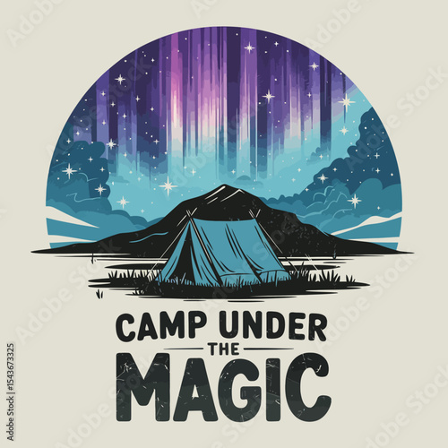 Magical Night Camping Scene Under Aurora Borealis Stunning Mountain Landscape Tent Adventure Peaceful Nature Illustration Design Graphic Art Print Poster Background Image Sky Dark Blue Wild View Calm 