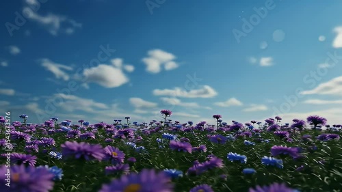 Vibrant Field of Purple and Blue Flowers Blooming Under a Bright Blue Sky with White Clouds