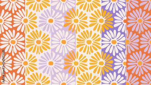 Retro floral pattern with orange, yellow, white, and lavender daisies in vertical stripes design