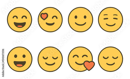 Joyful expressions icons set – outline, emotive and simple face symbols