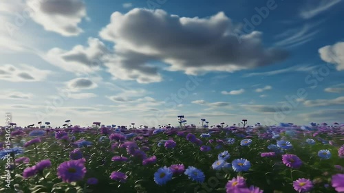 Vibrant Field Of Purple And Blue Flowers Under A Bright Blue Sky With White Clouds