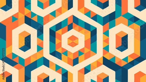 Geometric pattern with hexagons and triangles in shades of orange blue and beige creating a retro design