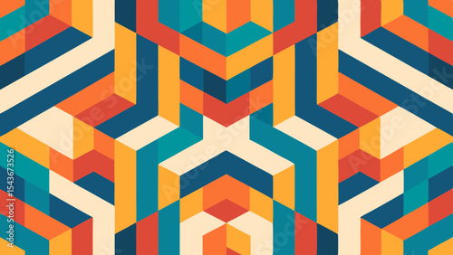 Geometric pattern featuring interlocking colorful shapes forming a symmetrical design with vibrant colors