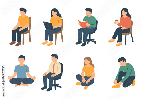 Sitting positions icons set – flat style for posture, sitting, and relaxation illustrations