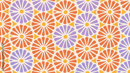 Repeating floral pattern with orange and purple flowers and yellow triangles on a cream background
