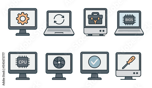 Technology gear outline icons set – line, computer and gadget essentials