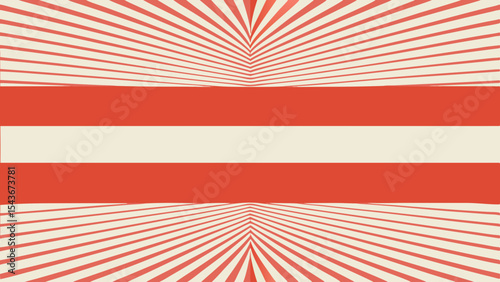 Red and white striped background with radiating lines above and below the central stripes pattern design