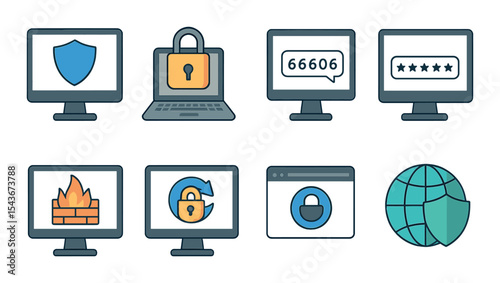 Digital security icons set – linear, cybersecurity and protection symbols