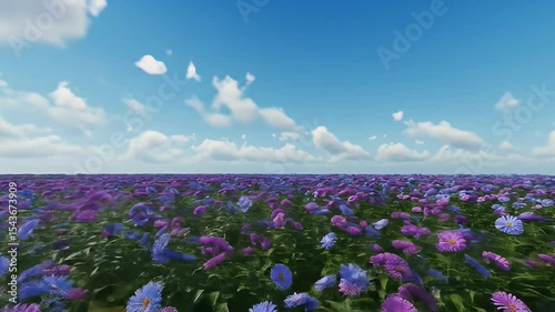 Vibrant Field of Purple and Blue Flowers Under a Clear Blue Sky with White Fluffy Clouds