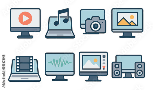 Digital media icons set – outline, multimedia and technology symbols for content creation