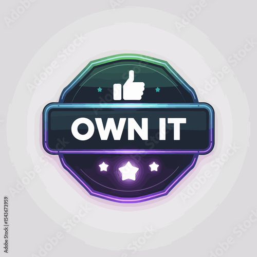 Modern Neon Badge Design Own It Thumbs Up Achievement Award Graphic Element Digital Marketing Social Media Branding Purple Green Gradient Vector Illustration Premium Quality icon logo label shape     