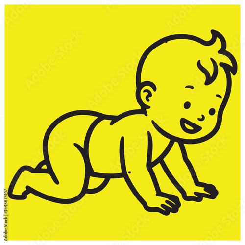 Happy baby crawling smiling cartoon illustration with black outline on yellow background