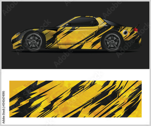 Abstract Yellow and Black Race Car Wrap Design